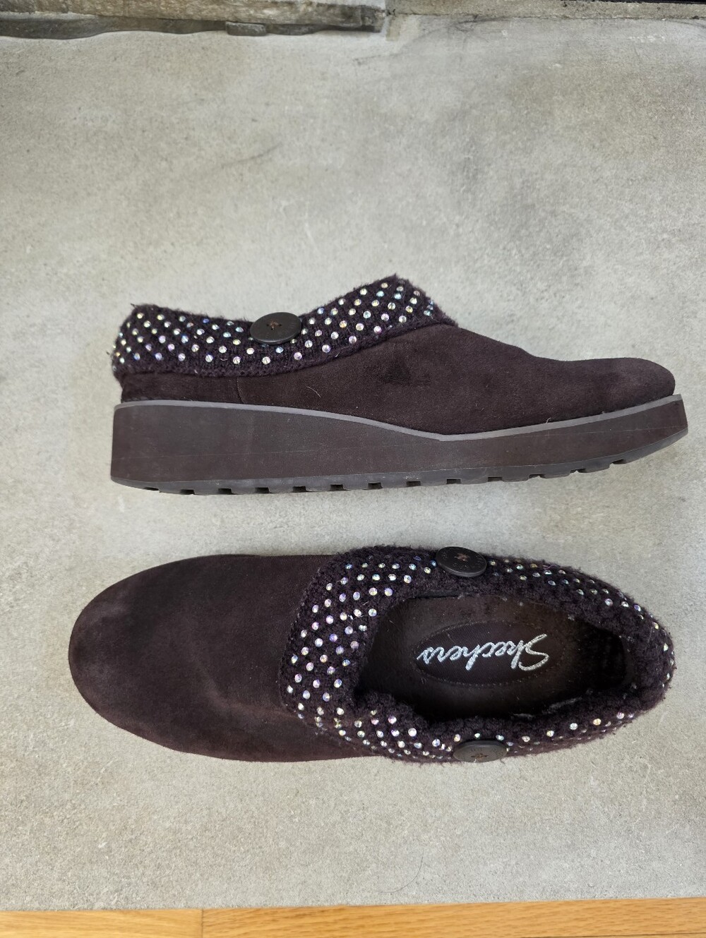 Brown Suede Style Skechers Platform Clog Slippers with Rhinestone Slip On Sz 11